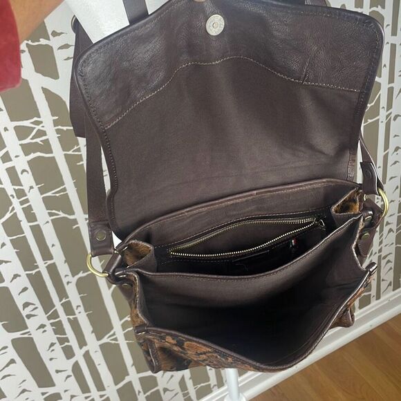 Italian Leather Hair On Hide Cow Print Satchel Chocolate Brown - Picture 5 of 13